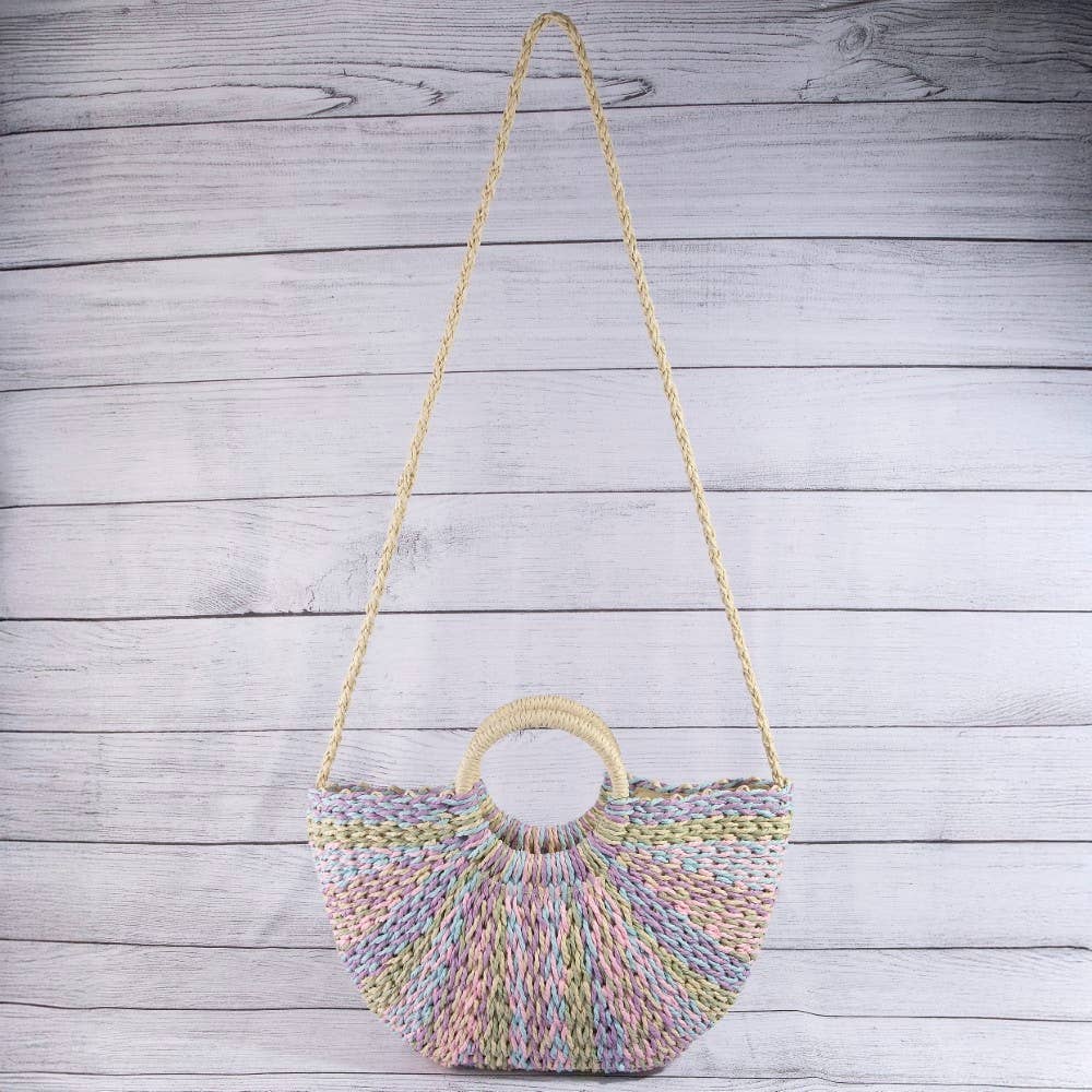 Multi Tone Straw Half Moon Round Handle Tote Bag