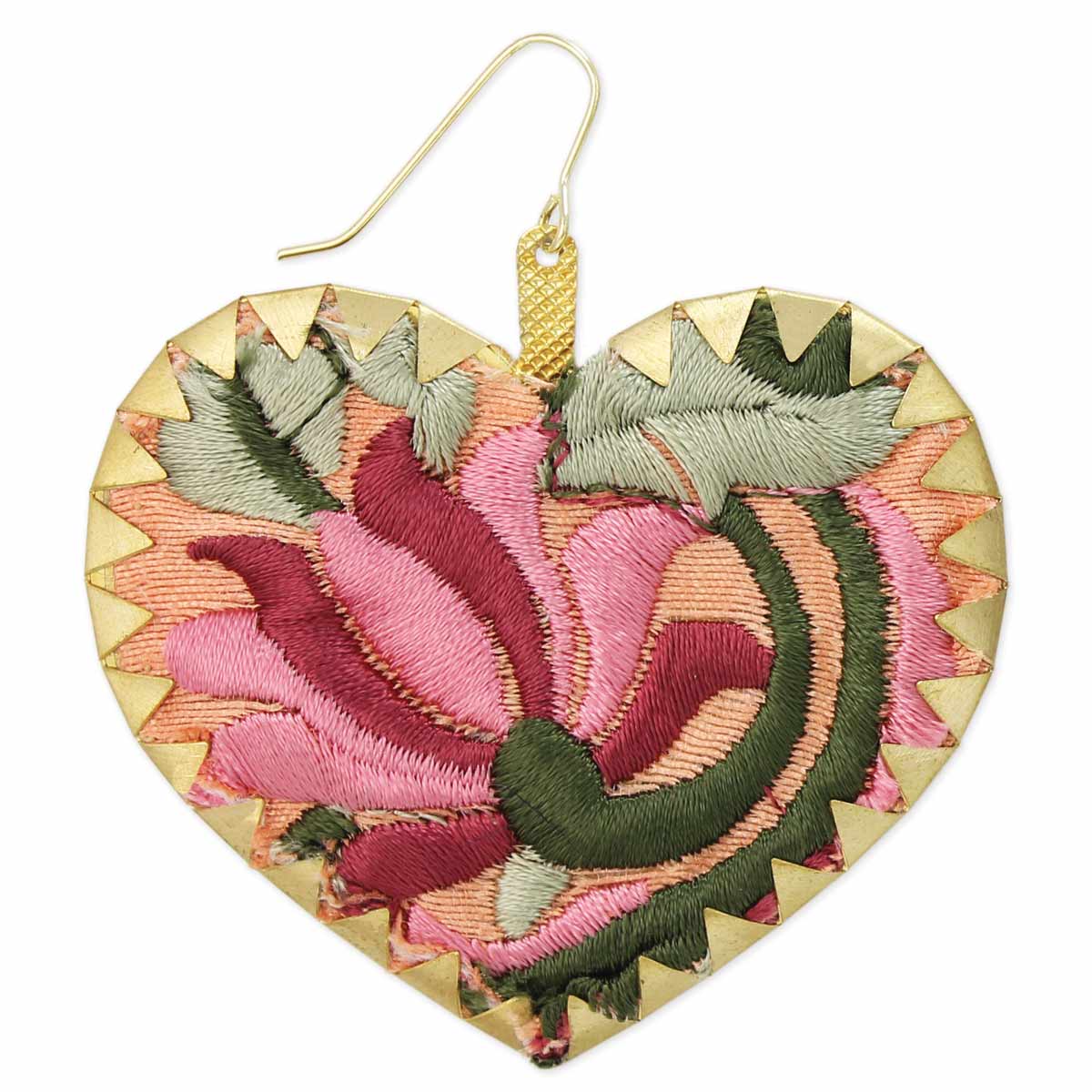Pink Embroidered Crimped Set Heart Earrings