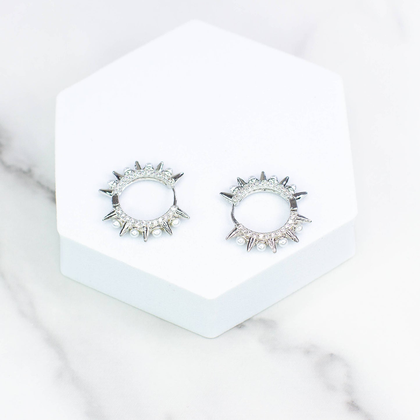 Spiked CZ and Pearl Hoop Earrings