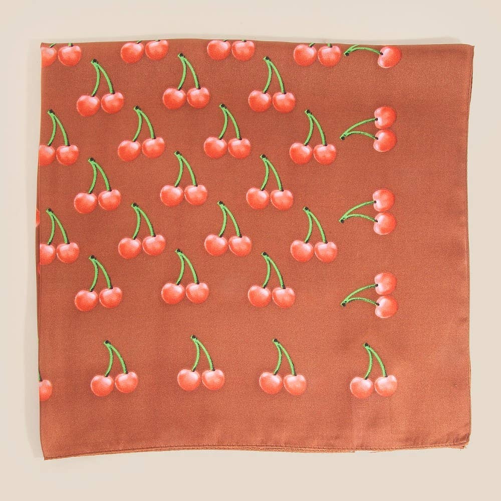 Cherry Print Brown Square Bandana Scarf