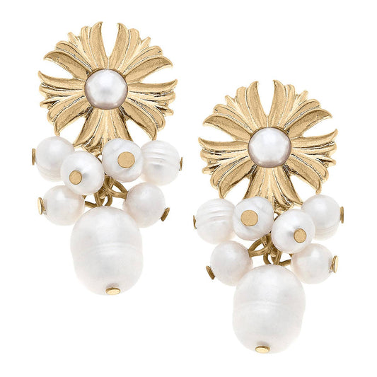 Holland Flower & Pearl Cluster Drop Earrings in Ivory