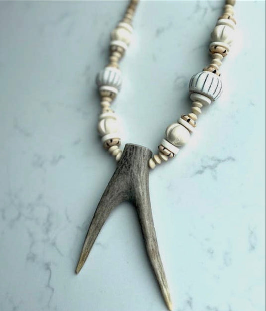 L Rae-Deer Fork & Neutral Wood Bead necklace