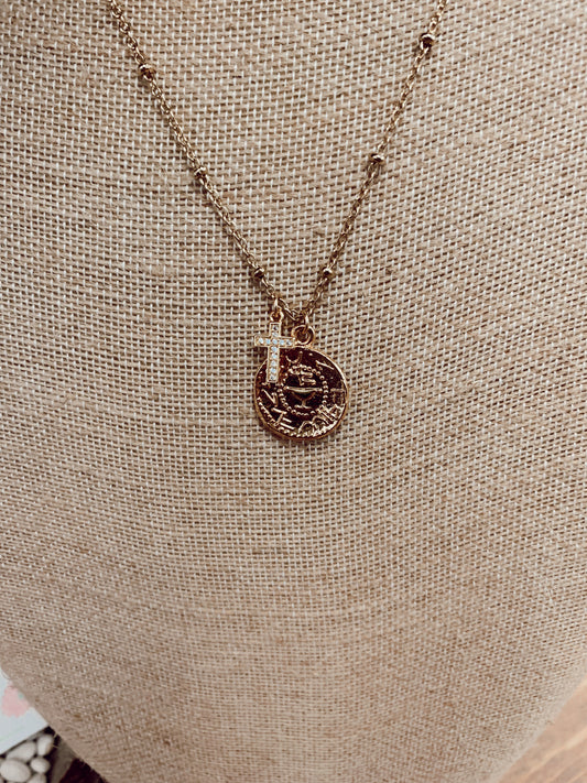 Ancient Shekel and Crystal Cross Necklace