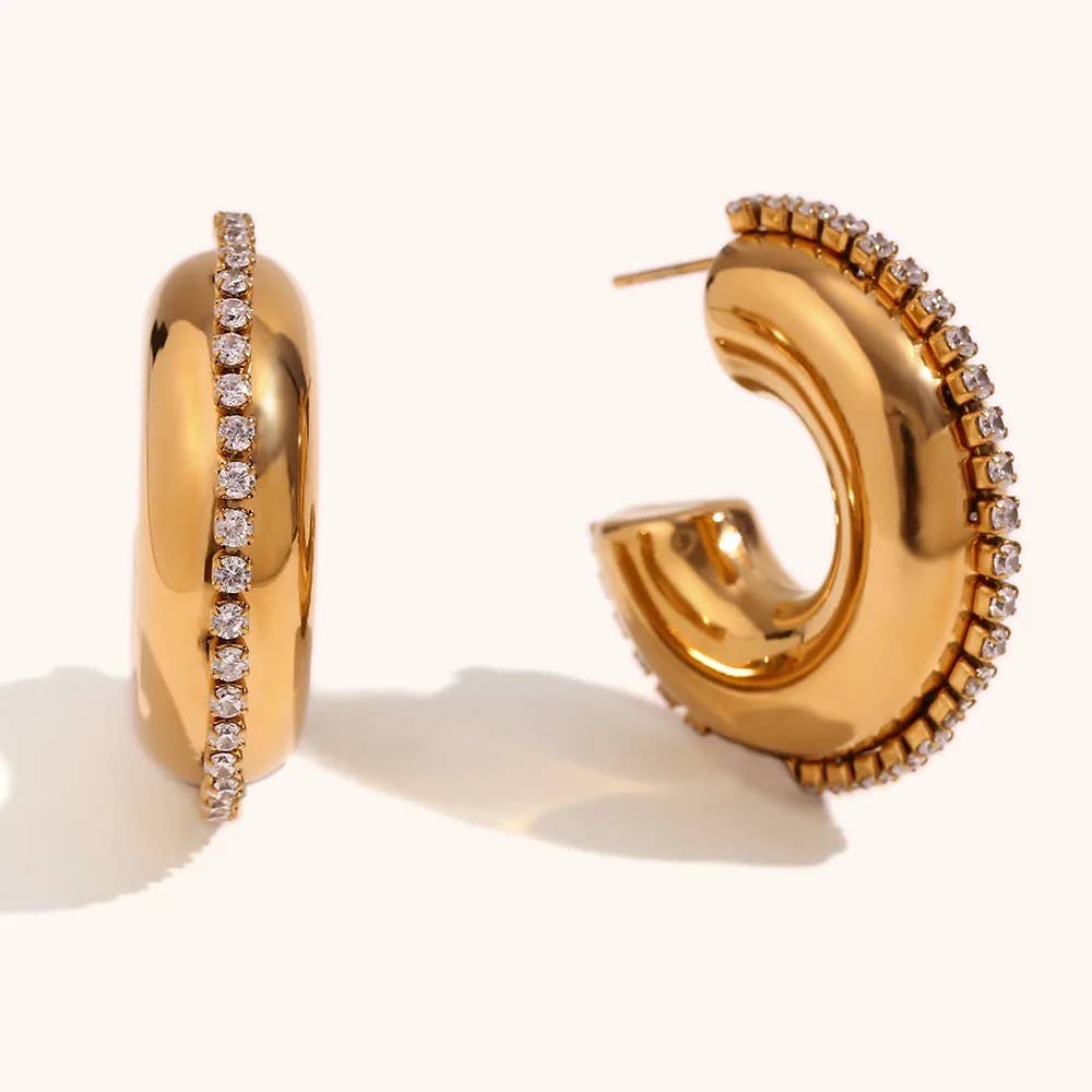 Gold Cz Rhinestone Hoop Earrings