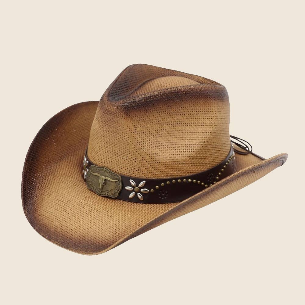 Western Long Horn Skull Embroidered Strap Straw Cowboy Hat