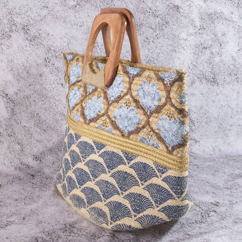 Blue And Gold Print Woven Wooden Handle Tote Bag