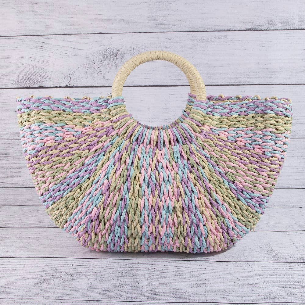 Multi Tone Straw Half Moon Round Handle Tote Bag