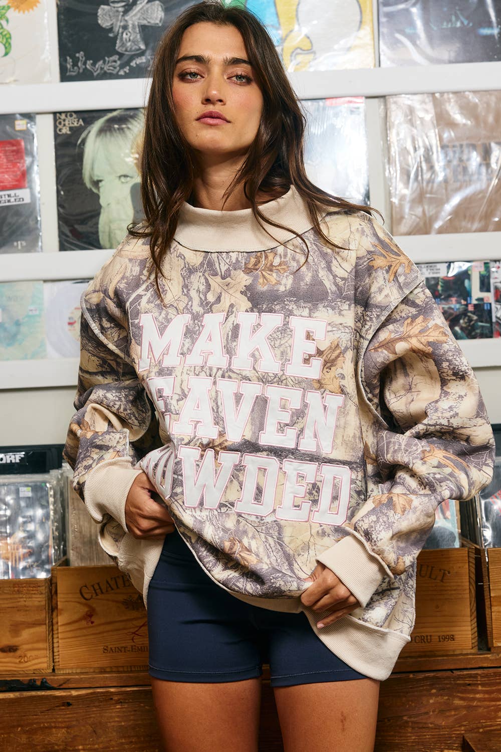 ‘MAKE HEAVEN CROWDED’ Embroidered Mockneck Sweatshirt