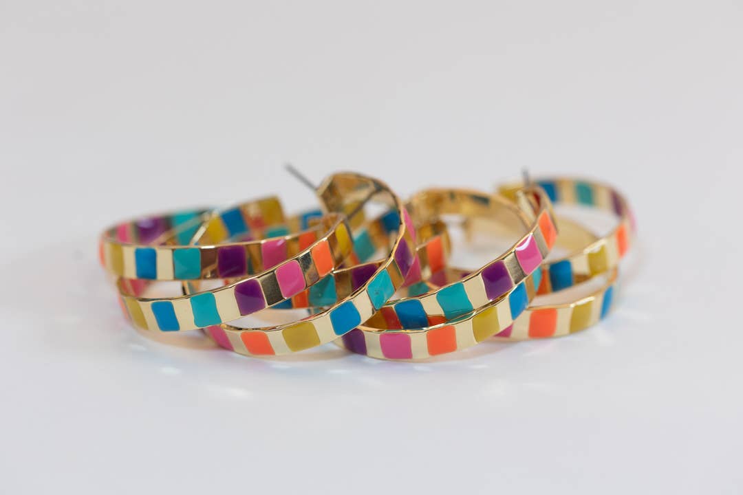 Gold and Rainbow Enamel Striped Hoop Statement Earrings