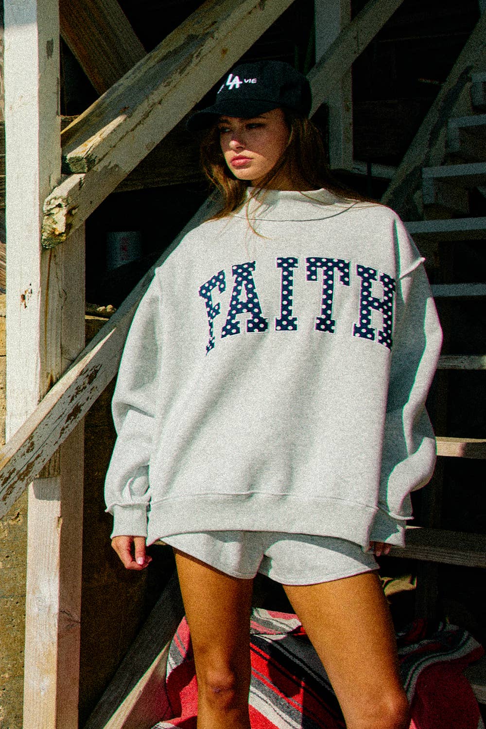 ‘FAITH’ Embroidered Polka-Dot Mock Neck Sweatshirt