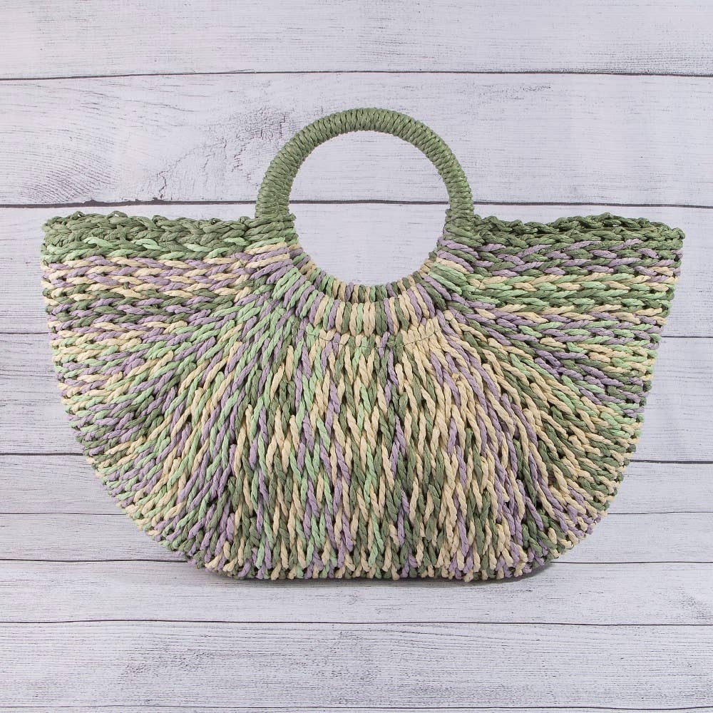 Multi Tone Straw Half Moon Round Handle Tote Bag