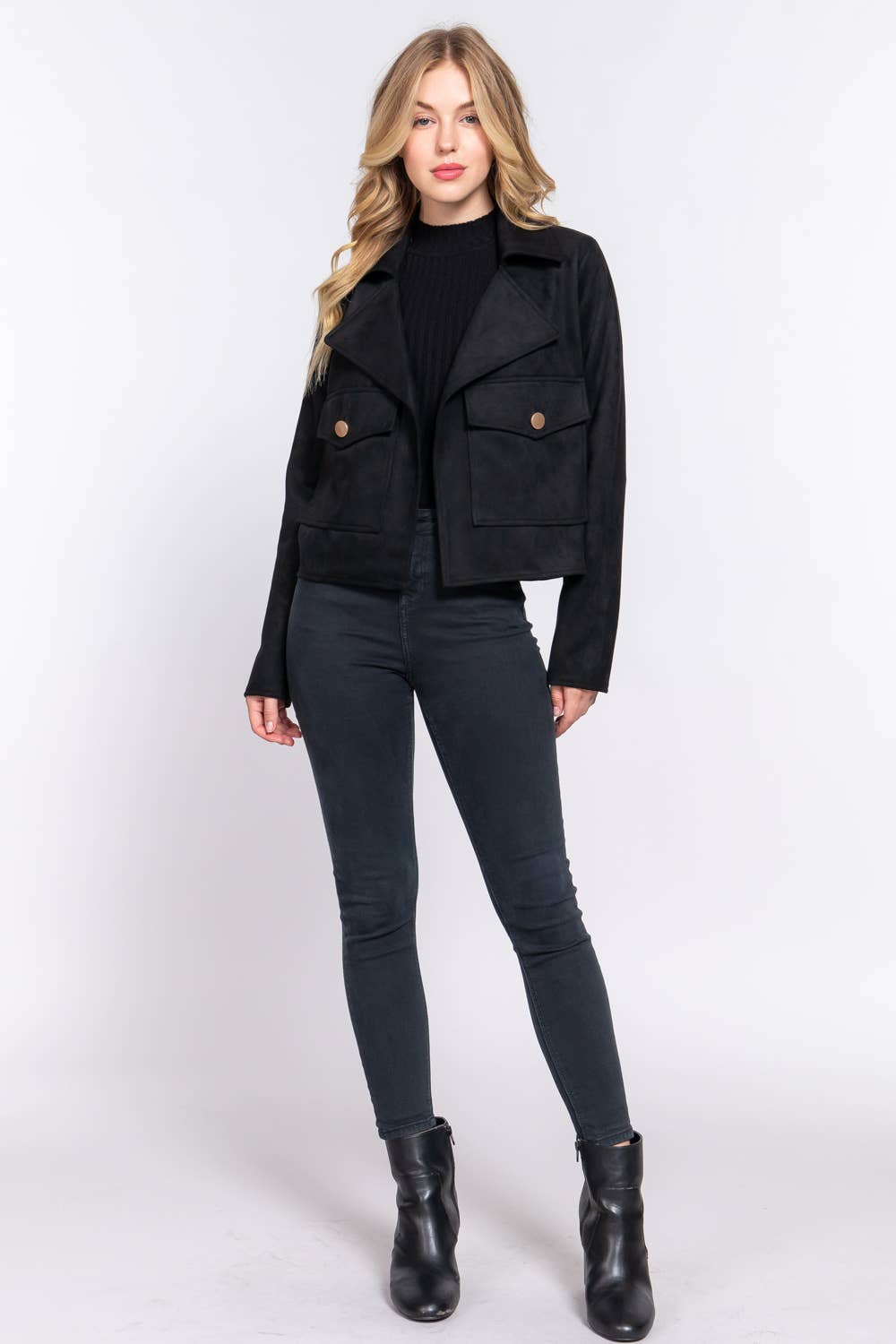 Long Sleeve Notched Collar Open Front Jacket