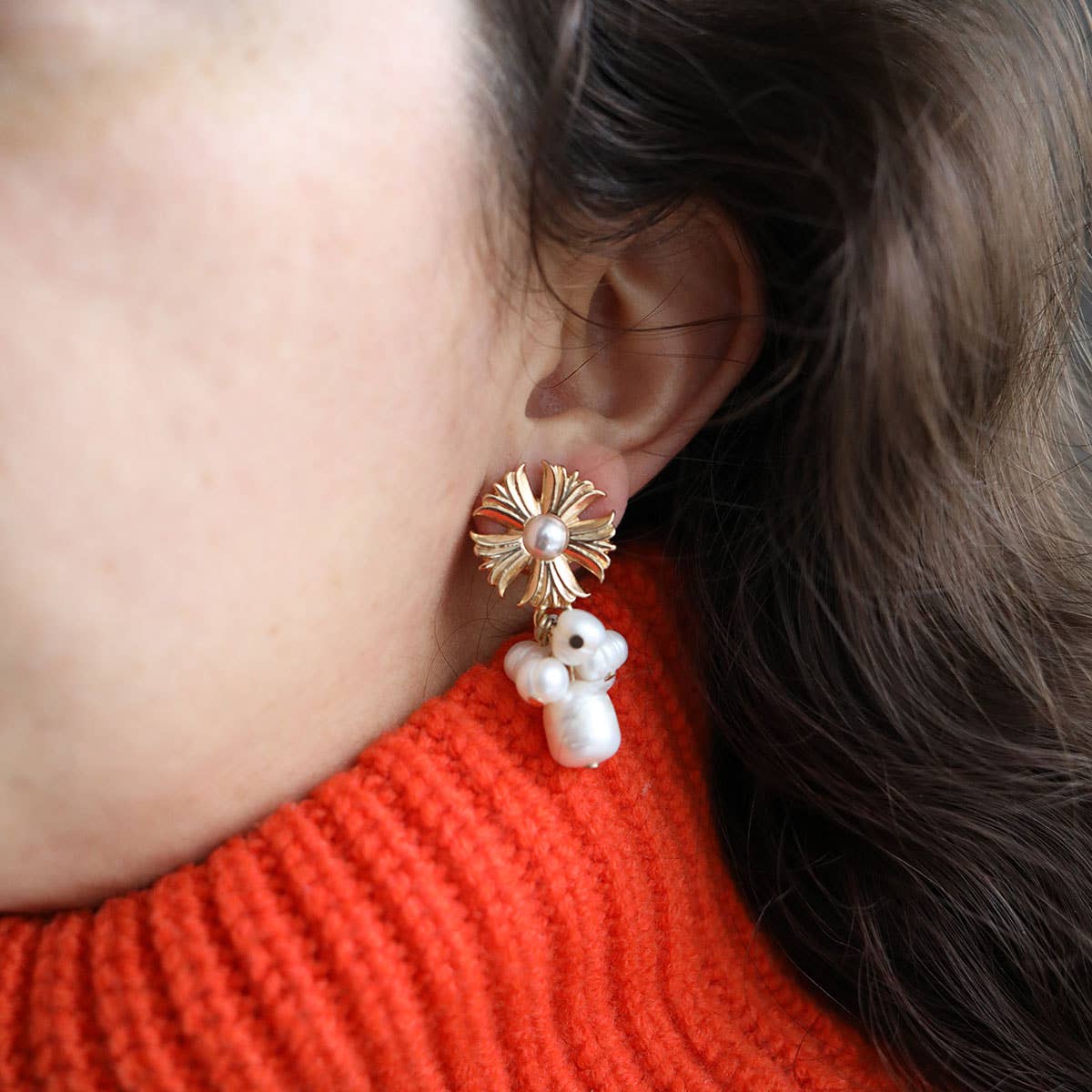 Holland Flower & Pearl Cluster Drop Earrings in Ivory