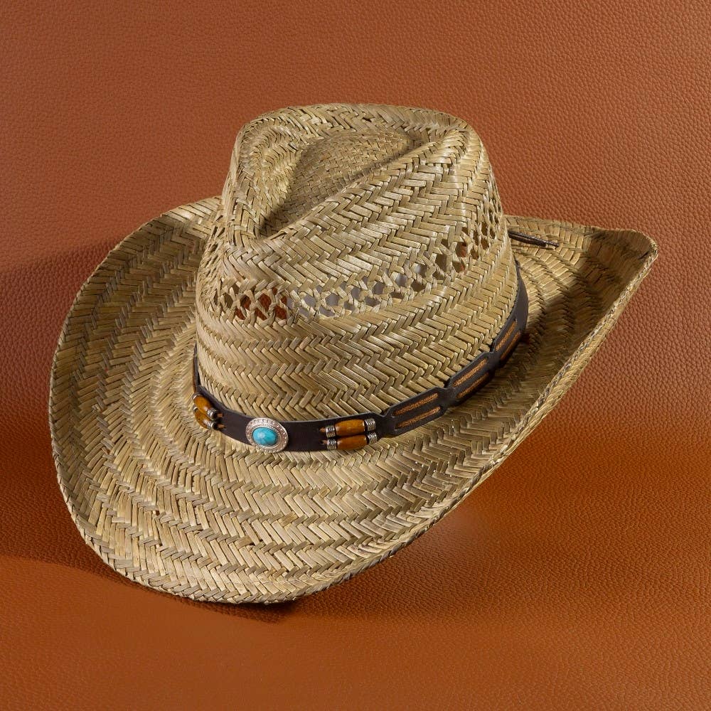 Western Leather Strap Straw Cowboy Hat
