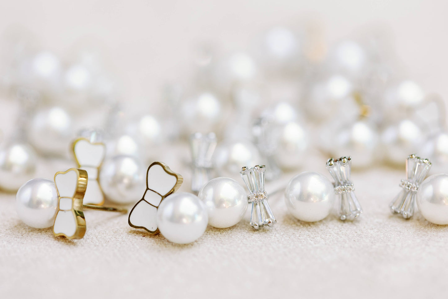 White Tuxedo Bow Mini Pearl Stud Earrings