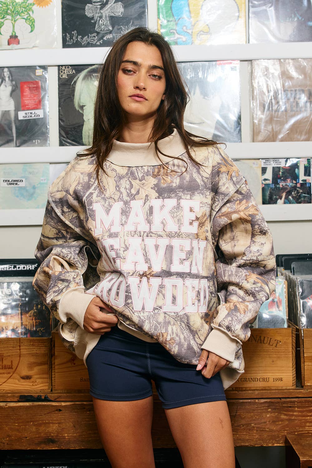 ‘MAKE HEAVEN CROWDED’ Embroidered Mockneck Sweatshirt