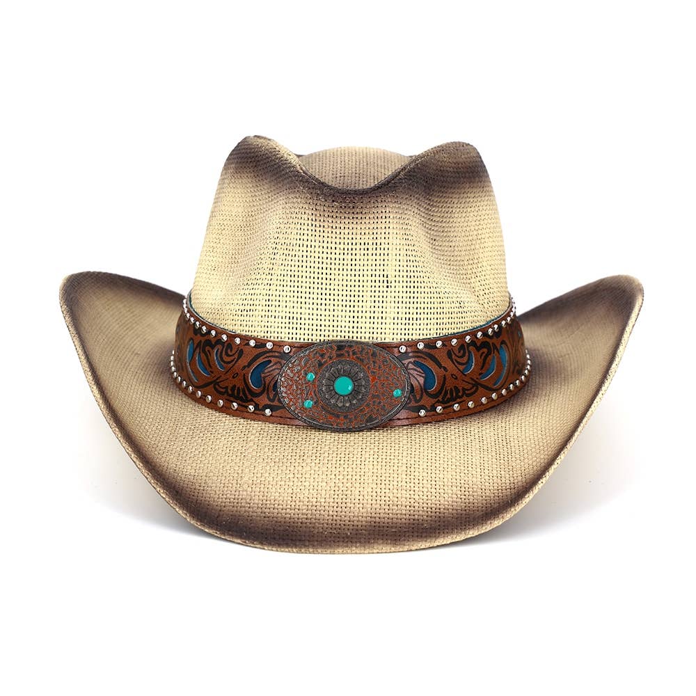 Floral Concho Band Two Tone Straw Cowboy Hat