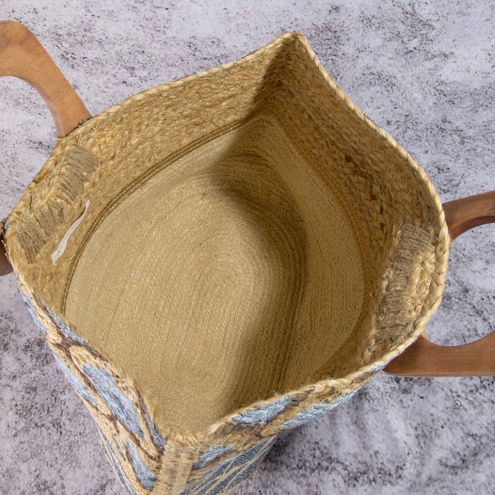 Blue And Gold Print Woven Wooden Handle Tote Bag