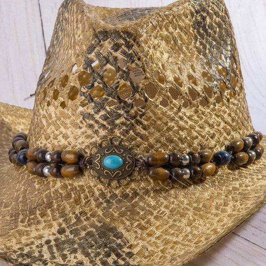 Western Straw Braided Beaded Strap Cowboy Hat