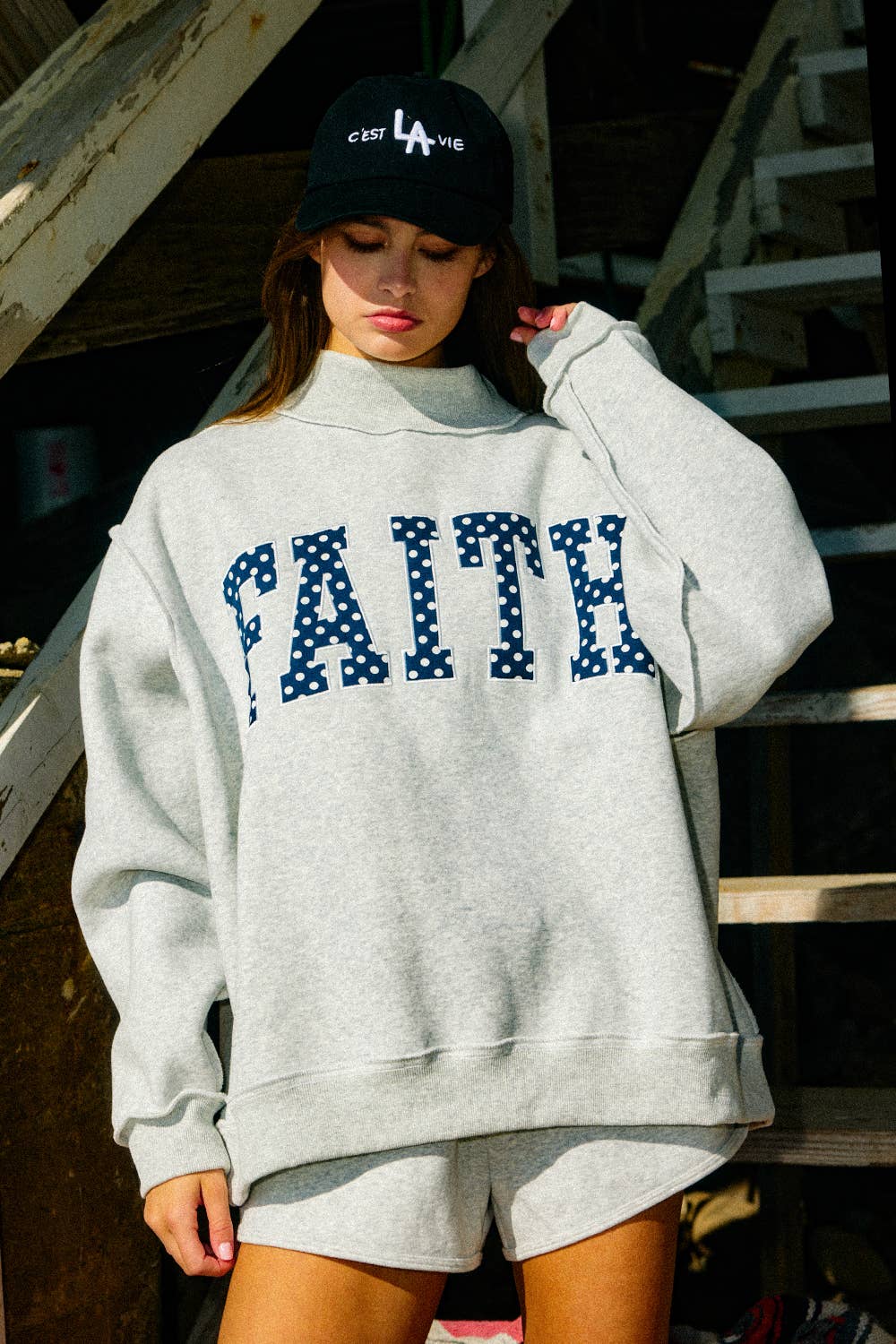‘FAITH’ Embroidered Polka-Dot Mock Neck Sweatshirt