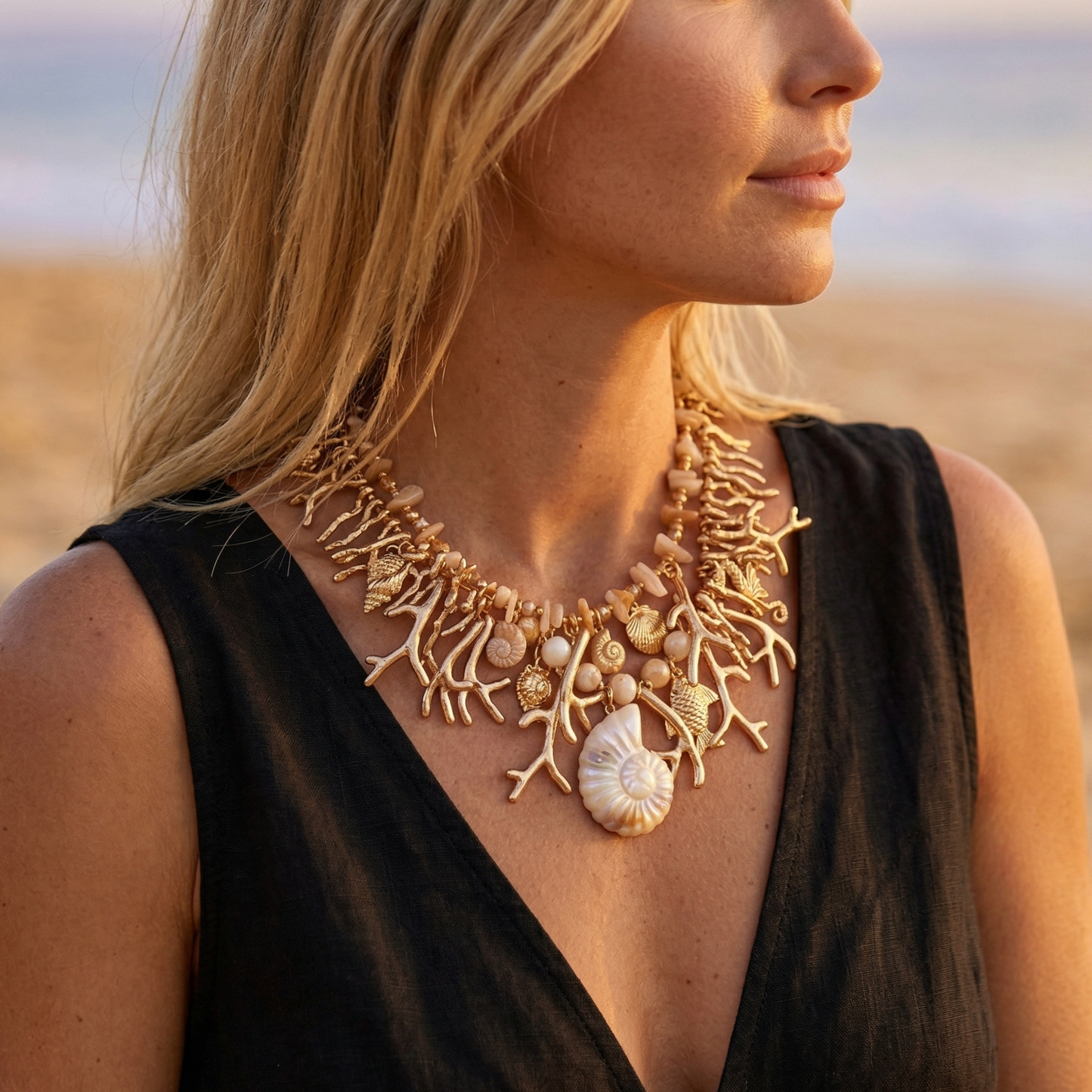Gold Coral Branch Beaded Shell Necklace