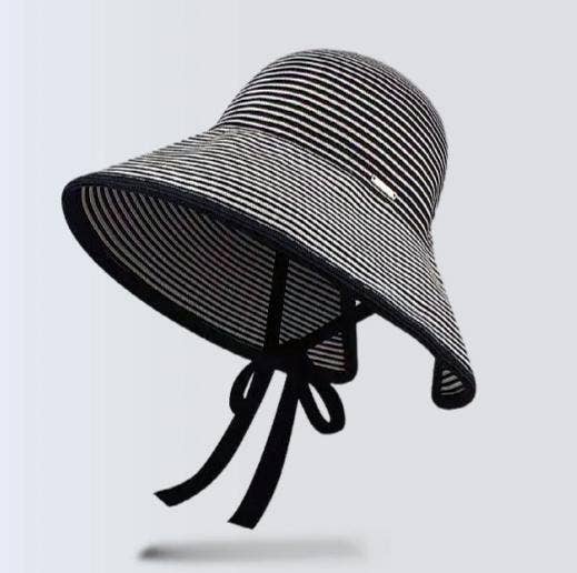 Nautical Striped Sun Hat Roll Up Wide Brim Straw Hat