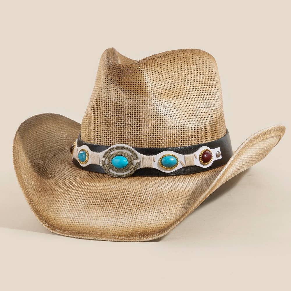 Western Turquoise Stone Strap Straw Cowboy Hat