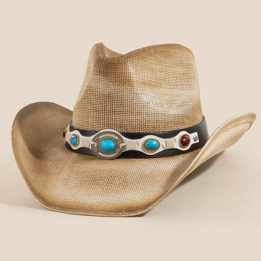Western Turquoise Stone Strap Straw Cowboy Hat