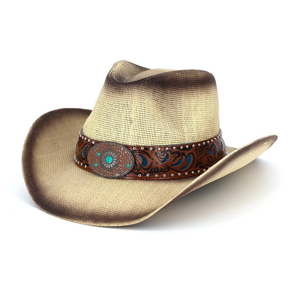 Floral Concho Band Two Tone Straw Cowboy Hat