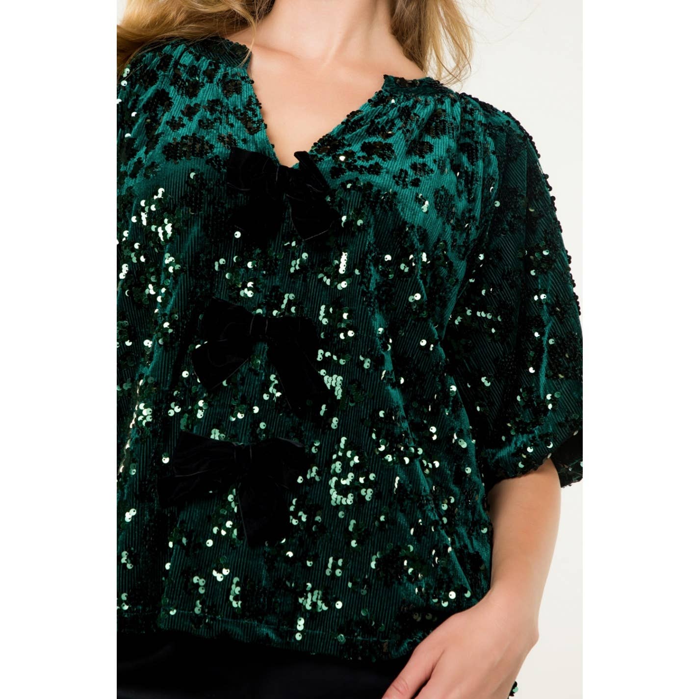 Velvet Sequin Bow Detail Top