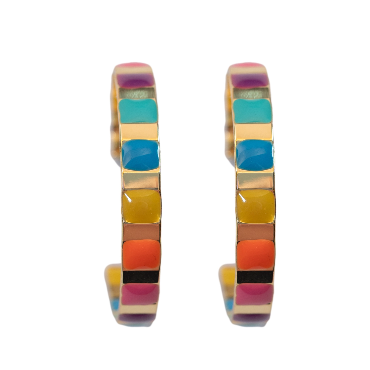Gold and Rainbow Enamel Striped Hoop Statement Earrings