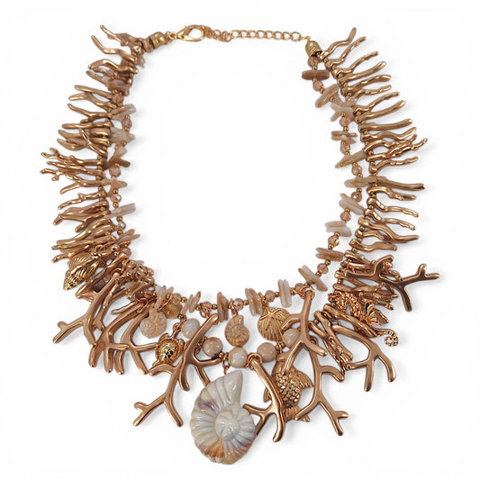 Gold Coral Branch Beaded Shell Necklace