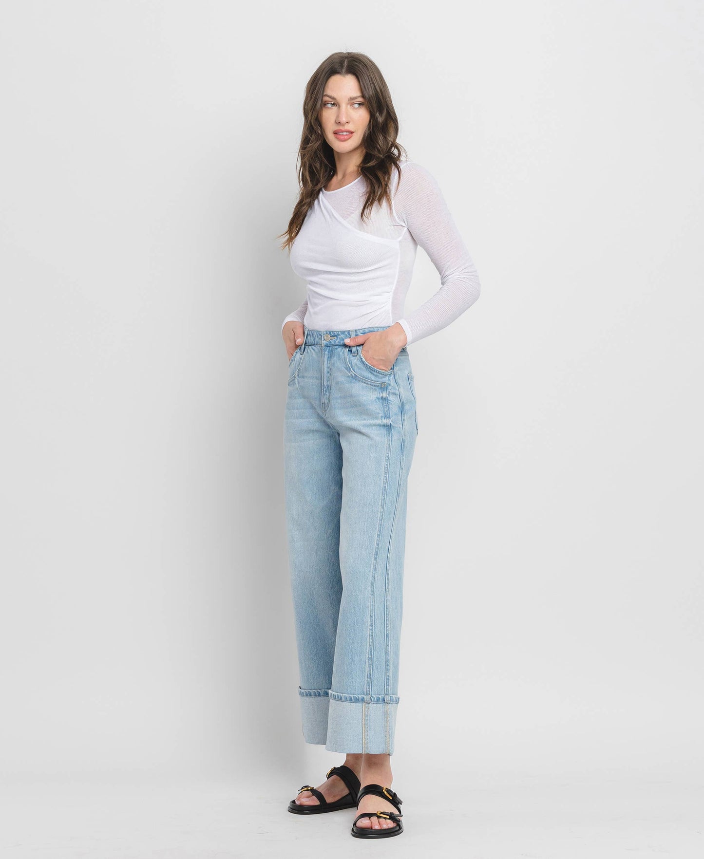 VERVET BY FLYING MONKEY- High Rise Wide Leg Cuffed Jeans