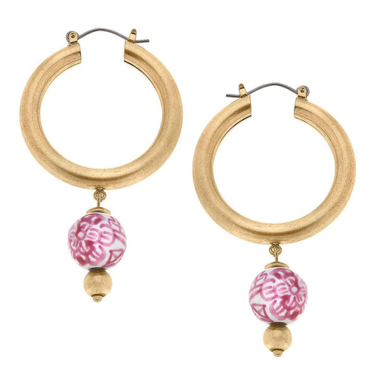 Paloma Chinoiserie Drop Hoop Earrings in Pink & White