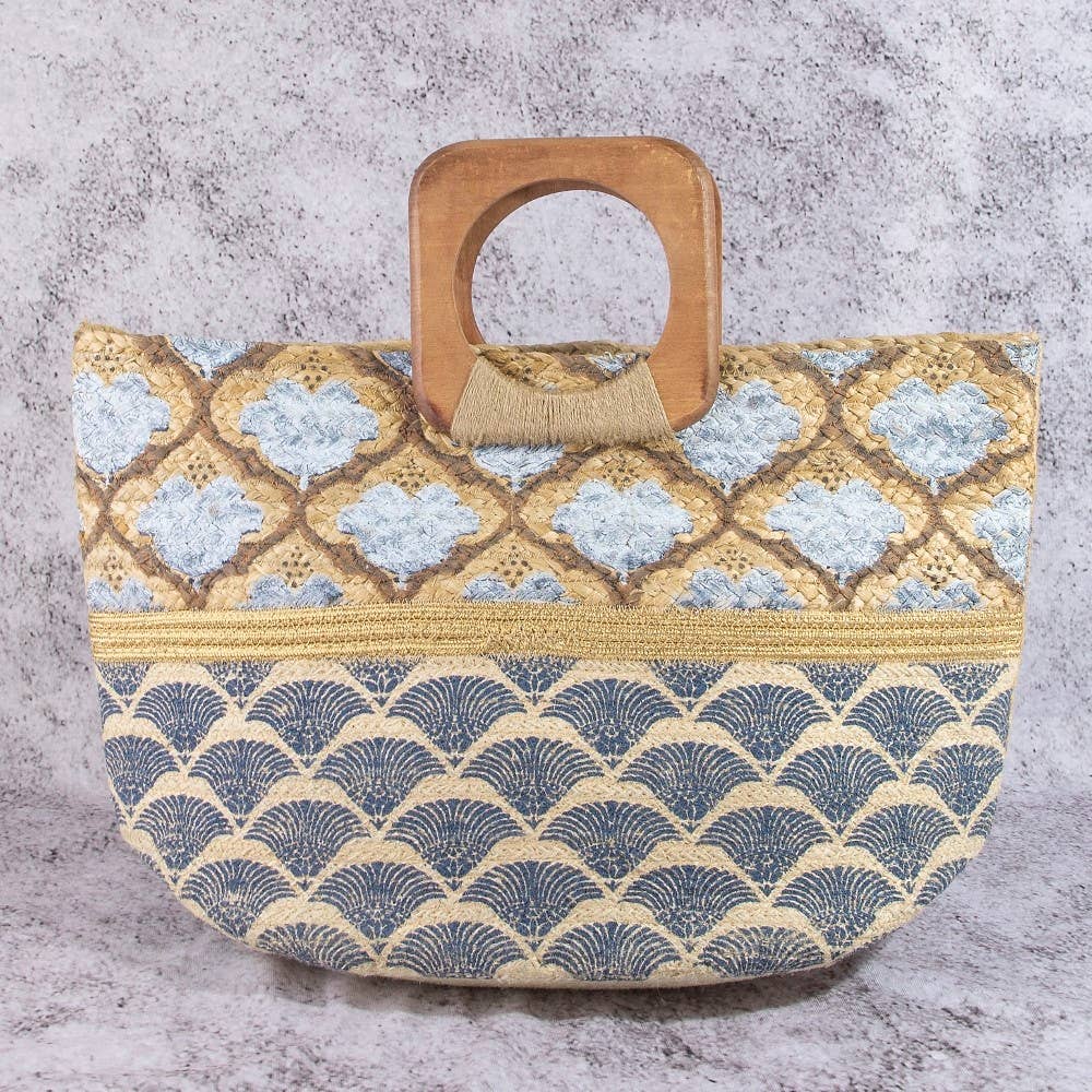 Blue And Gold Print Woven Wooden Handle Tote Bag