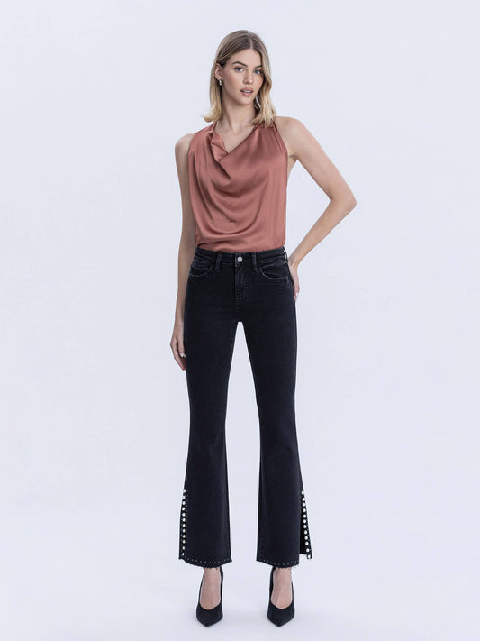 VERVET BLUE BY FLYING MONKEY-High Rise Pearl Embellished Bootcut Jeans