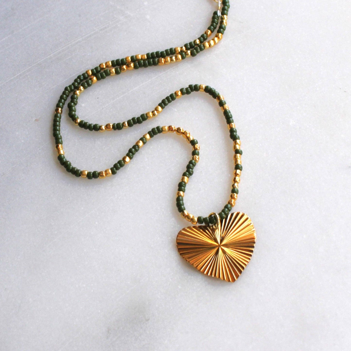 Gold Heart Pendant Necklace with Green & Gold Beaded Chain