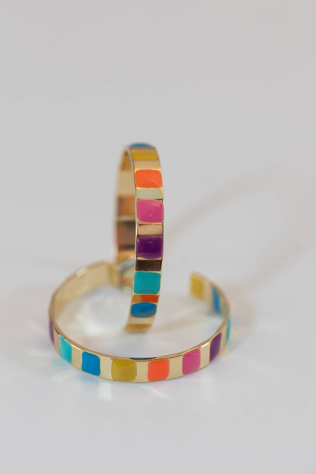 Gold and Rainbow Enamel Striped Hoop Statement Earrings