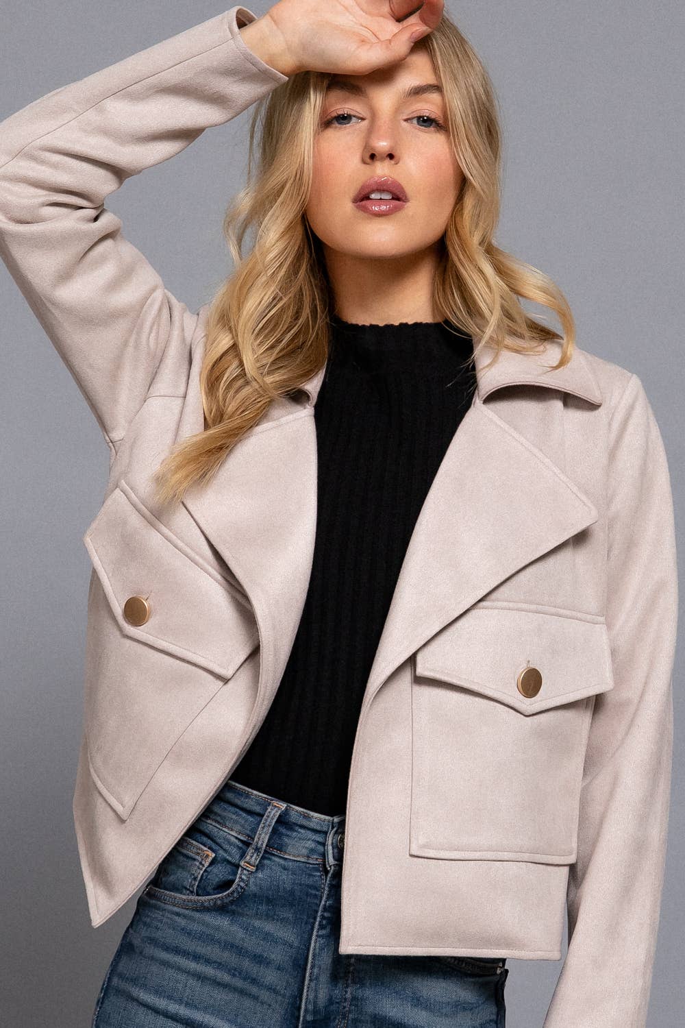 Long Sleeve Notched Collar Open Front Jacket