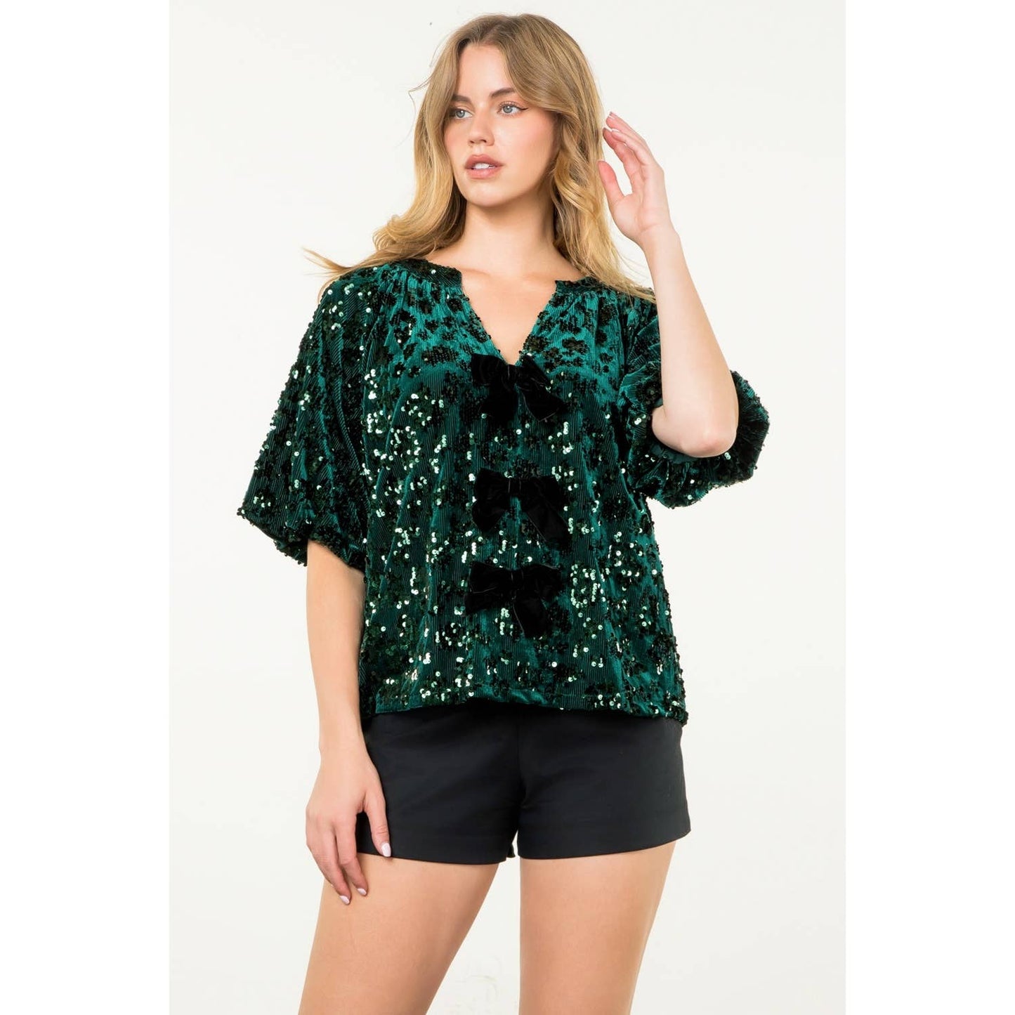 Velvet Sequin Bow Detail Top