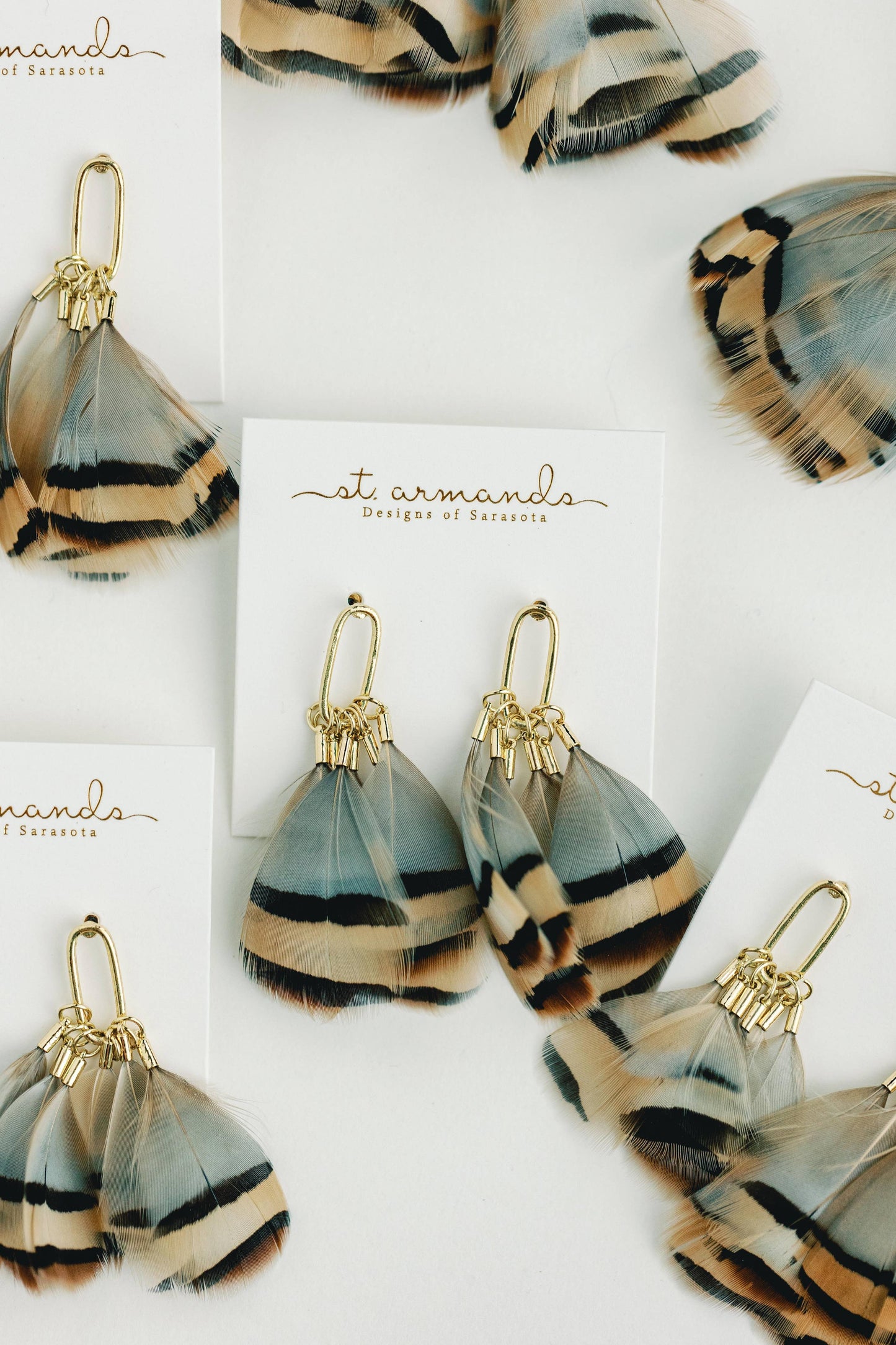 Brown Striped Fall Feather Statement Tassel Earrings