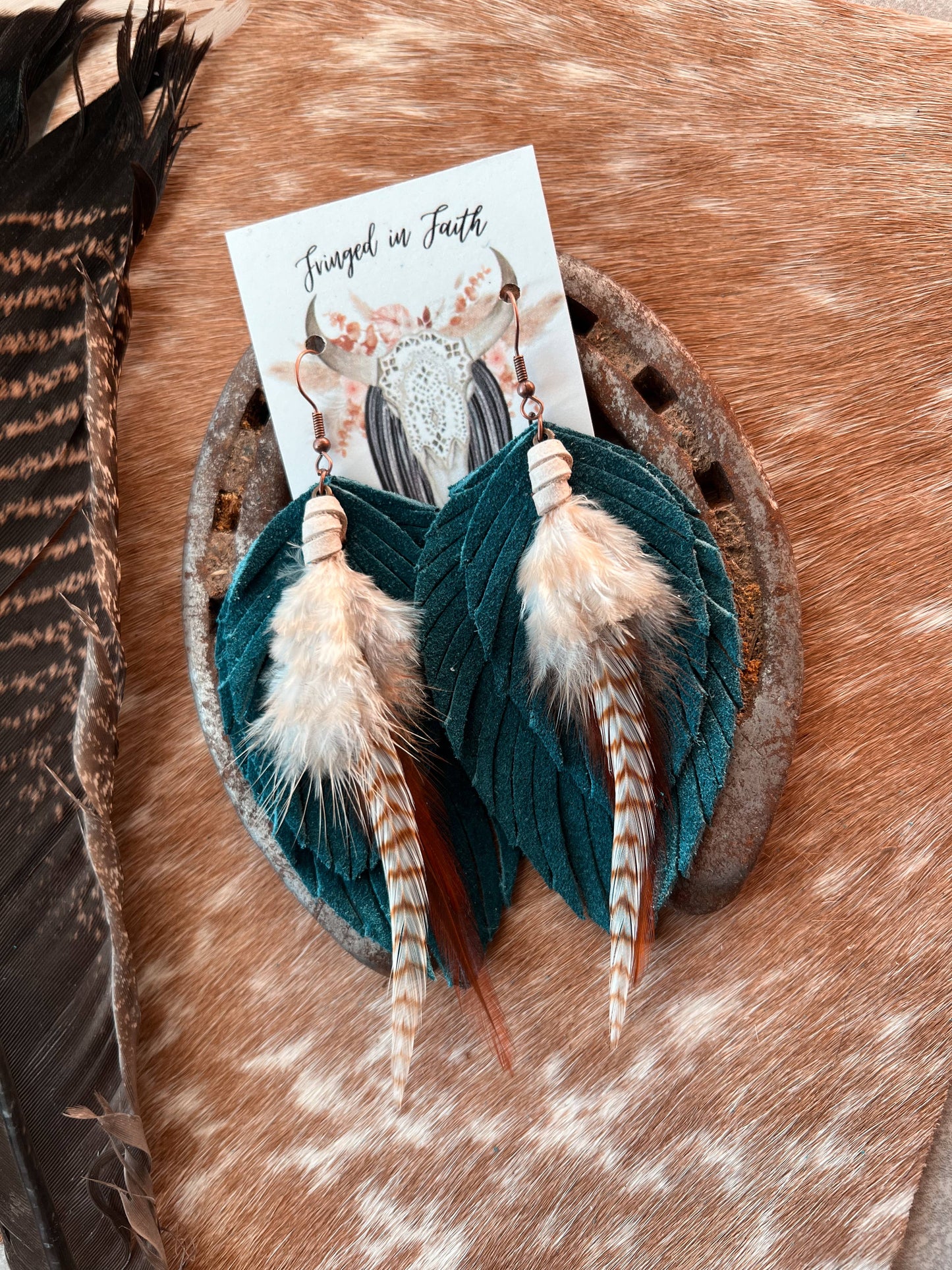 Ronan Fringe Feather Earrings | Dark Teal