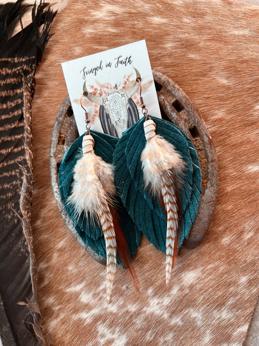 Ronan Fringe Feather Earrings | Dark Teal