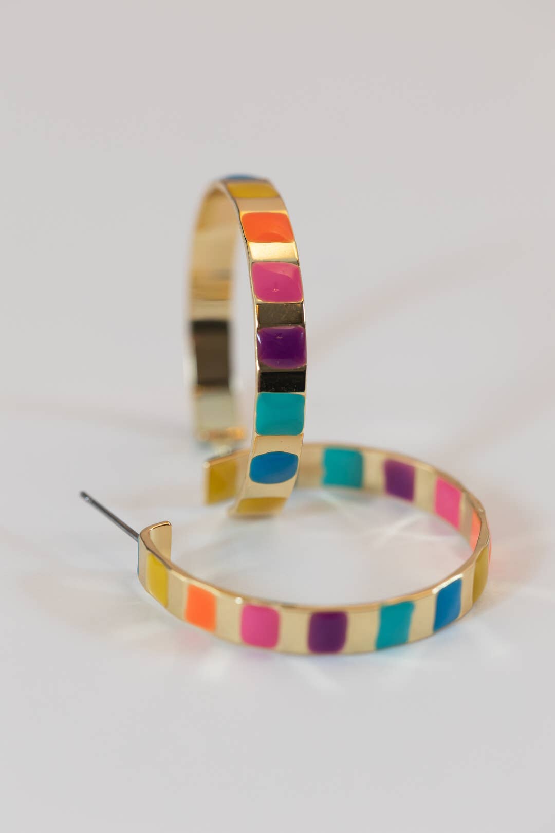 Gold and Rainbow Enamel Striped Hoop Statement Earrings