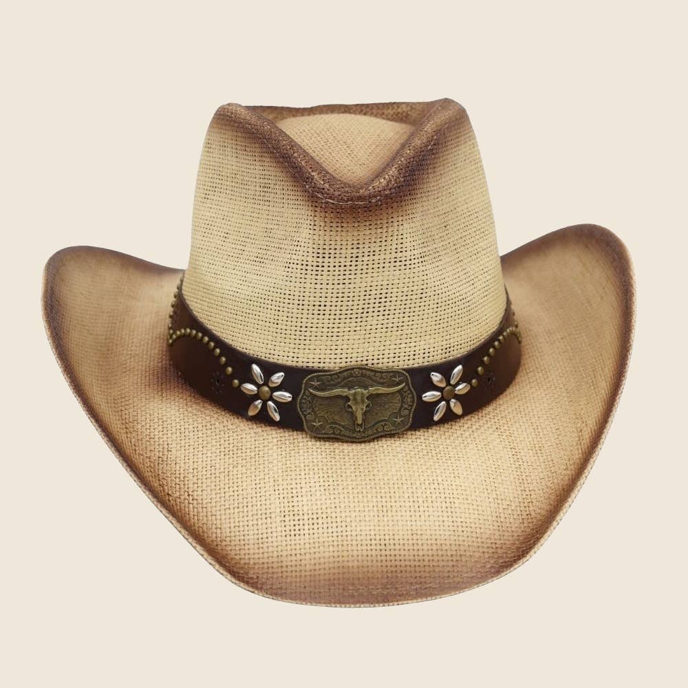 Western Long Horn Skull Embroidered Strap Straw Cowboy Hat