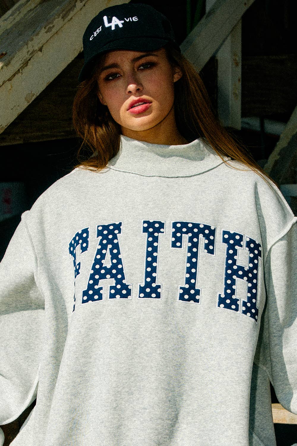 ‘FAITH’ Embroidered Polka-Dot Mock Neck Sweatshirt