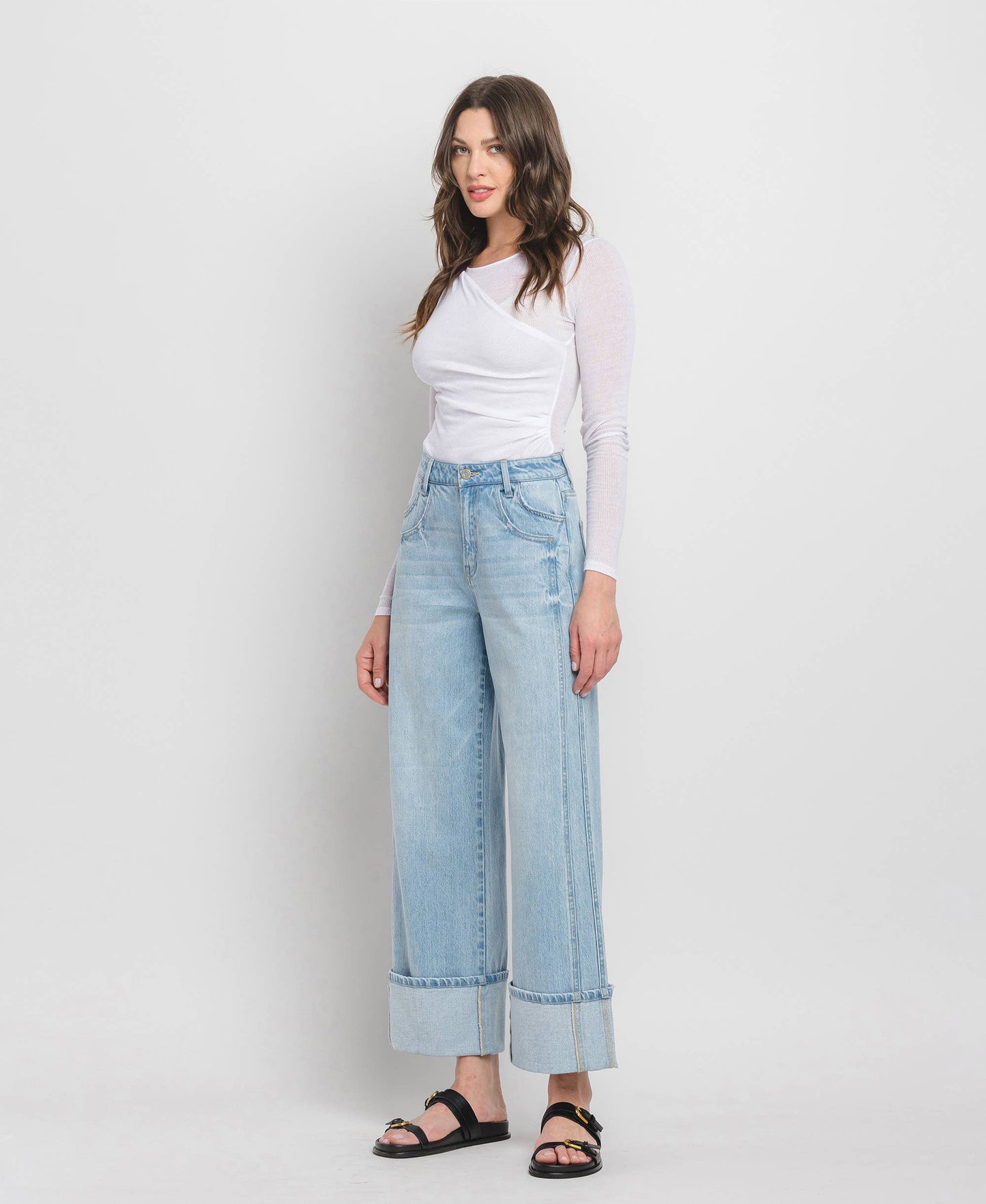 VERVET BY FLYING MONKEY- High Rise Wide Leg Cuffed Jeans