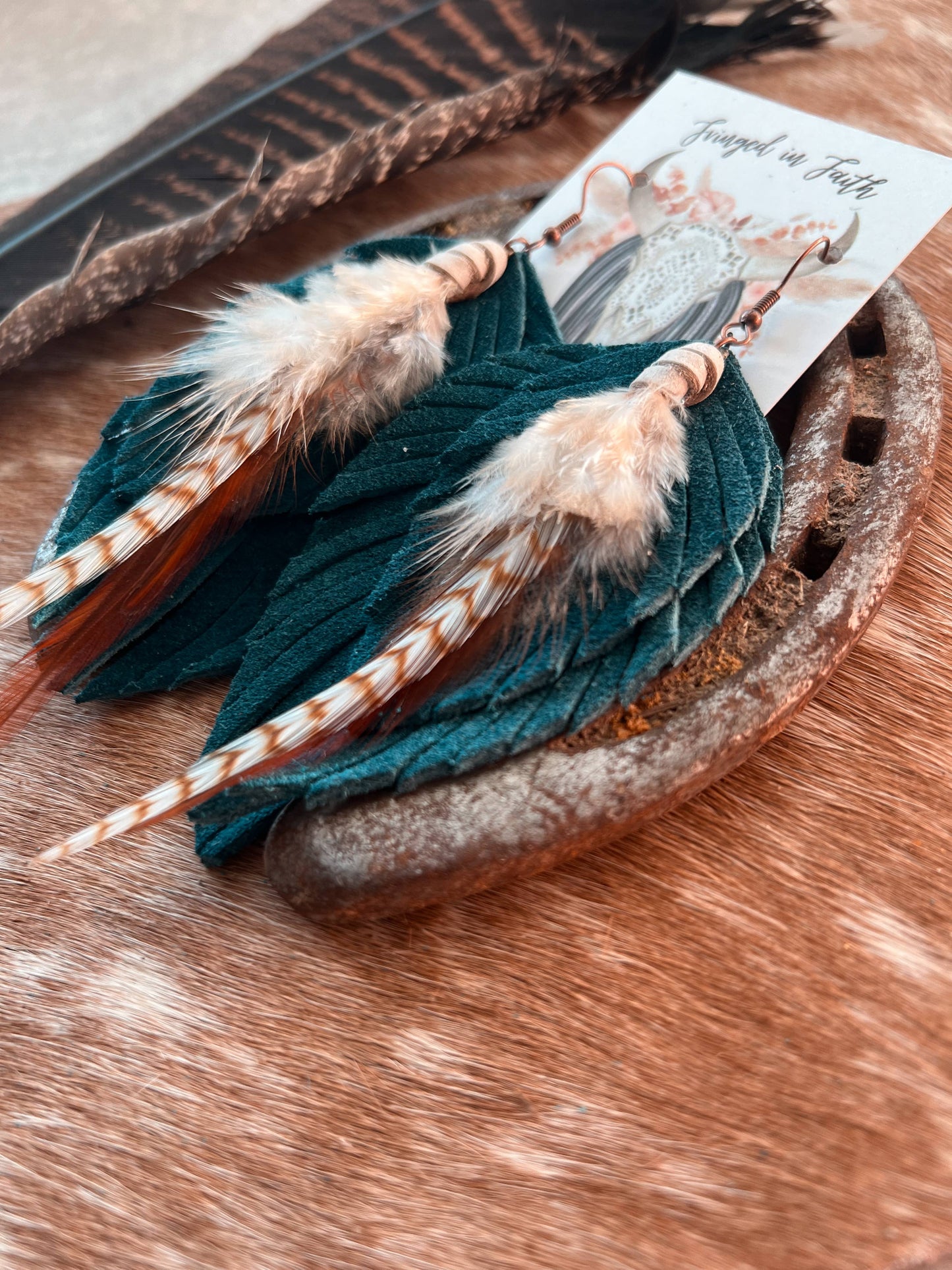 Ronan Fringe Feather Earrings | Dark Teal