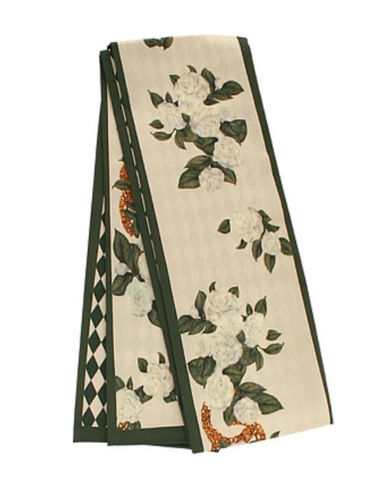 Green & Ivory Flower Print Skinny Scarf