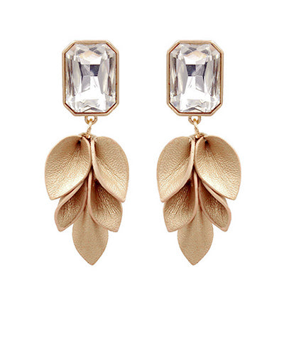 Glass Stone & Leather Leaf Earrings